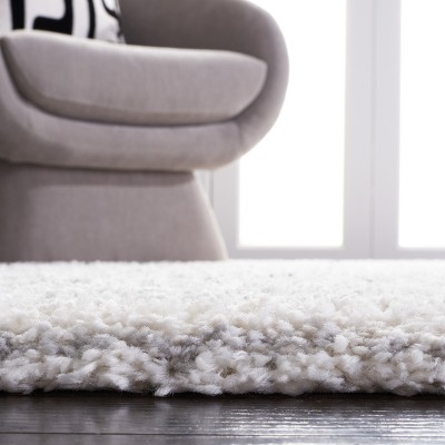 Ivory and Grey Square Shag Rug, 6'7" x 6'7", Synthetic