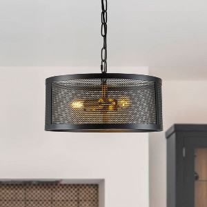 ALOADECOR 14 in. 3-Light Industrial Drum Chandelier Farmhouse Lantern Pendant Light with Matte Black Open Cage Shade - 1 of 4