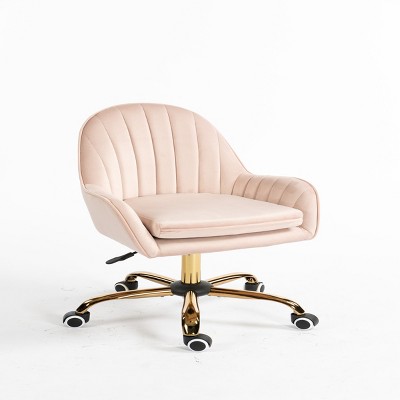 GlasFlength Task and Office Chairs Modern Velvet Swivel Chair with Gold Base and Adjustable Height for Home Office, Pink, 23"*21.25"*30.71"