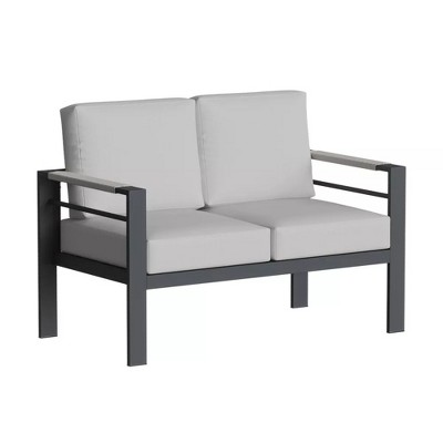 Bestier 2-Seat Aluminum Outdoor Loveseat,Patio Bench Conversation Sofa with 5"Cushions&Movable Side Pocket Patio Couch,Heatproof Armrest,Gray