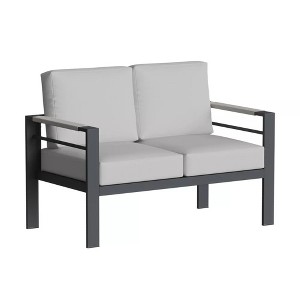 Bestier 2-Seat Aluminum Outdoor Loveseat,Patio Bench Conversation Sofa with 5"Cushions&Movable Side Pocket Patio Couch,Heatproof Armrest,Gray - 1 of 4