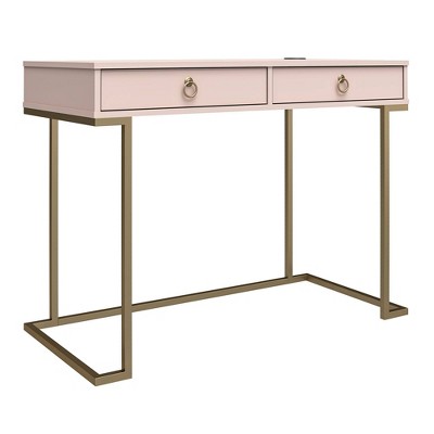 Pink Wood Writing Desk with Gold Metal Legs and Drawer