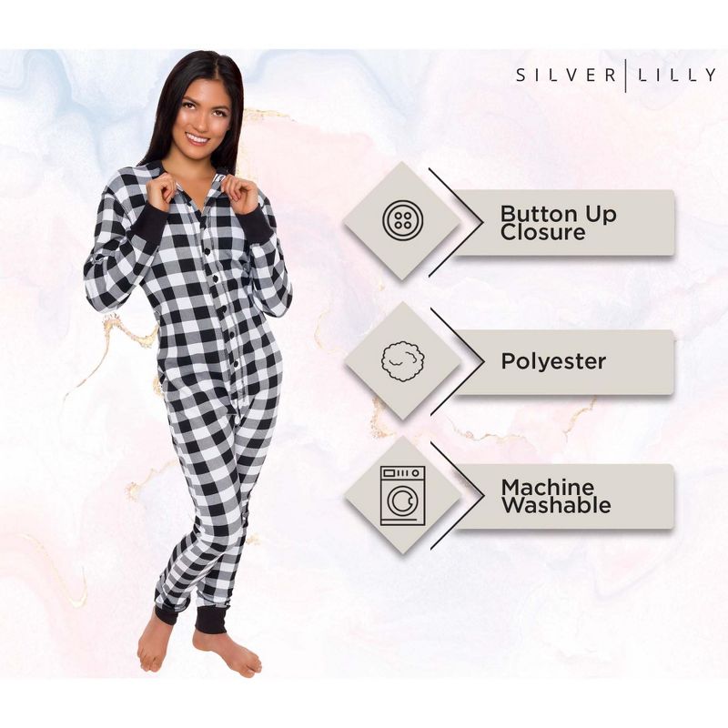 Silver Lilly - Slim Fit Women's Buffalo Plaid One Piece Pajama Union Suit with Functional Panel, 5 of 8