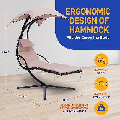 Beige Steel Hanging Chaise Lounger with Cushions and Canopy