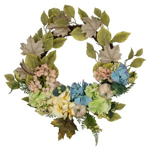 Northlight Floral and Gourds Thanksgiving Artificial Wreath - 22" - Green and Blue - 1 of 3