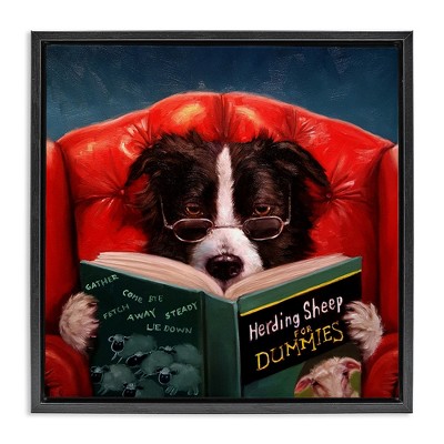 Stupell Industries Sheep Dog Reading for Dummies Black Framed Floater Canvas Wall Art