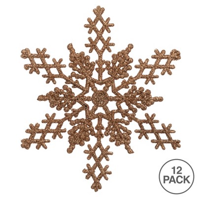 Rose Gold Glitter Shatterproof Plastic Snowflake Ornaments, Set of 12