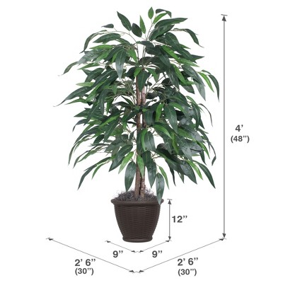 4' Green Silk Artificial Mango Bush in Round Brown Plastic Pot