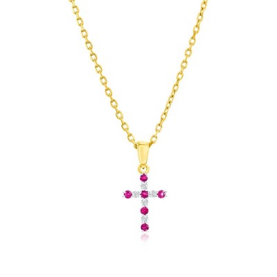 Classic Gold 14K Yellow Gold, 0.07ct Ruby & 0.05ct Diamond Cross 18" Pendant Necklace - (11 Stones) - Pink