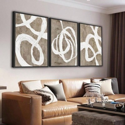 Framed Boho Wall Art Decor Abstract Brown and White Line Painting Prints 16x24 Inch Set of 3 Modern Geometric Pictures