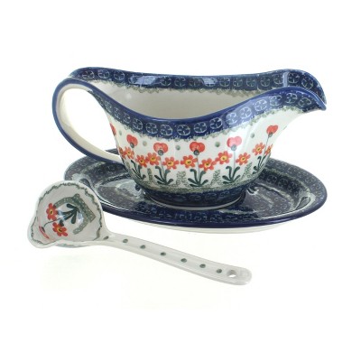 Blue Rose Polish Pottery Peach Posy Gravy Boat & Ladle