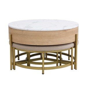 Contemporary Natural Round Lift-Top Coffee Table with Hidden Storage and Nesting Ottomans for Living Room - Panipeachy - 1 of 4