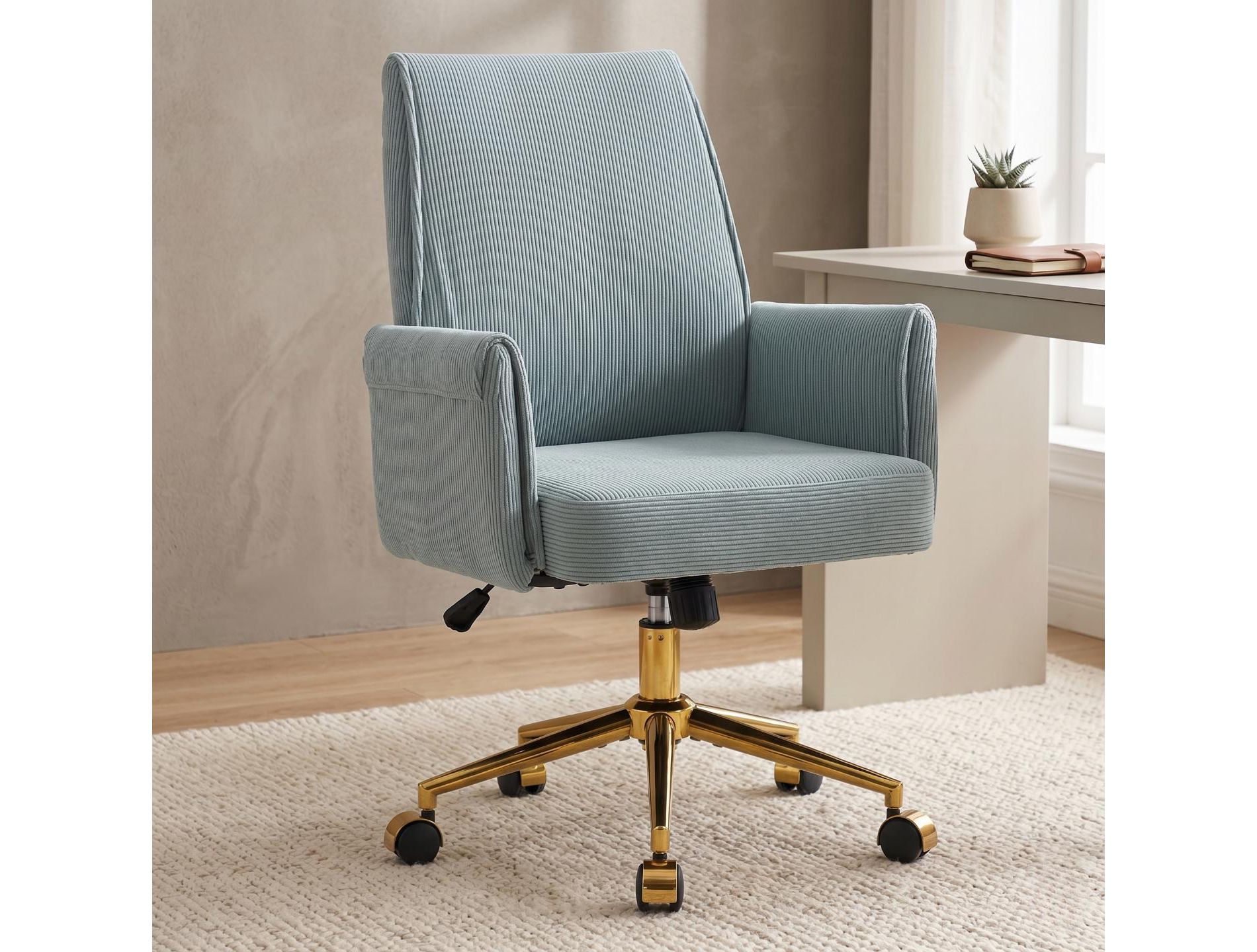 Mid-Back Swivel Office Chair, Ergonomic Striped Fabric Desk Chair with Gold Metal Base, Adjustable Height Task Chair for Home Office, Dorm Furniture