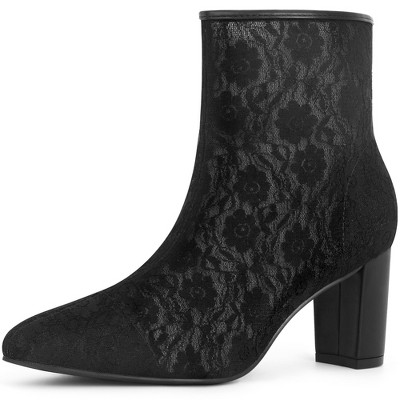 BLISSFUL STEP Pointed Toe Block Heels Floral Lace Ankle Boots for Women