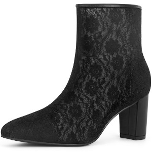 BLISSFUL STEP Pointed Toe Block Heels Floral Lace Ankle Boots for Women - 1 of 4