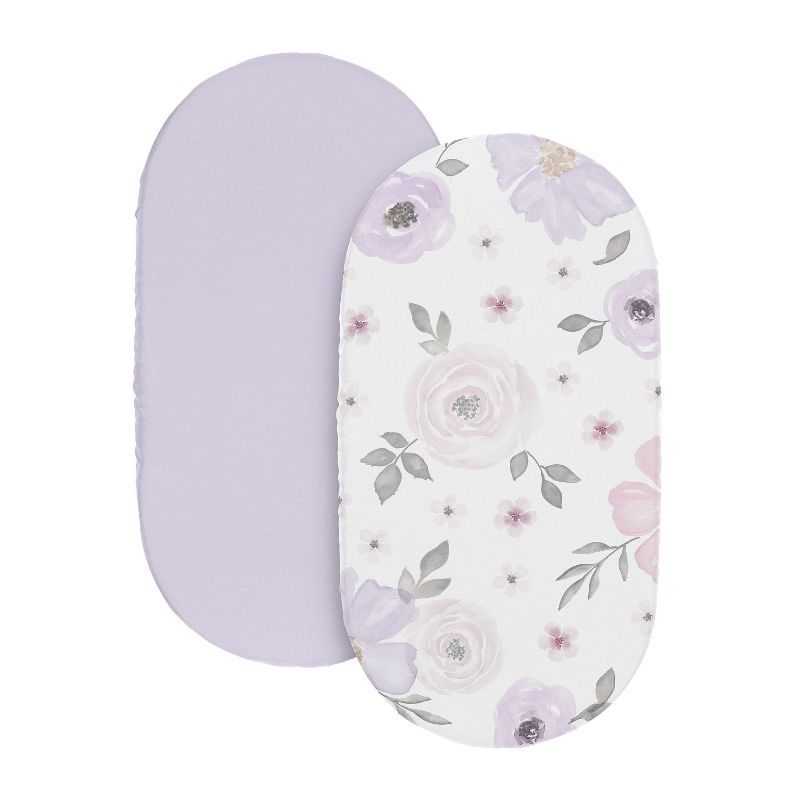 Sweet Jojo Designs Girl Baby Bassinet Fitted Sheets Set Watercolor Floral Purple Pink and Grey 2pc, 2 of 7