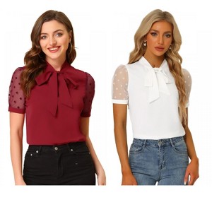 INSPIRE CHIC Women's Bow Tie V Neck Stand Collar Short Mesh Sleeve Blouse 2 Packs - 1 of 4