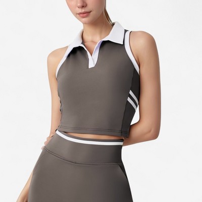 Anna-Kaci Active Women's Sleeveless Cropped Polo Top with Contrast Collar and Side Stripe Detail