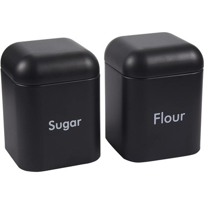 Juvale 2-Piece Black Flour and Sugar Containers for Countertop Storage, Metal Canisters Set for the Kitchen, Stainless Steel Lids,40 oz, 4.5 x 6 In