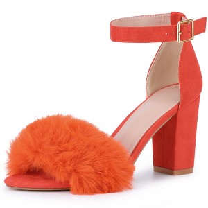 BLISSFUL STEP Women's Ankle Strap Faux Fur Open Toe Chunky Heel Sandal - 1 of 3