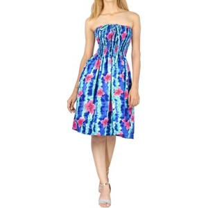 LA LEELA Women's Tube Dress Top Dress Short One Size Cobalt Floral Stripes - 1 of 4