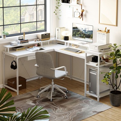 L Shaped Gaming Desk,68" Computer Desk with Power Outlets & LED Lights, Corner Desk with Monitor Shelf and Hook, Two Person Desk