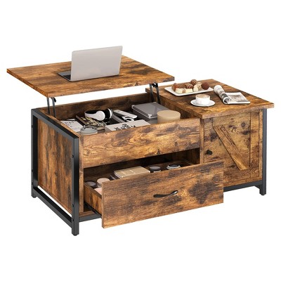 Rustic Brown Lift-Top Coffee Table with Storage Drawer and Cabinet