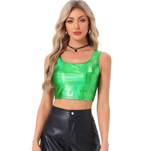 INSPIRE CHIC Women's U Neck Sleeveless Party Clubwear Shiny Metallic Crop Tank Tops - 1 of 4