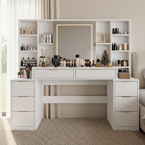 FONTOI 57"W Makeup Vanity Desk with Mirror and 8 Drawers Open Storage Shelves for Woman Bedroom Dressing Room, White, 57"*54.4"*15.7" - 1 of 4