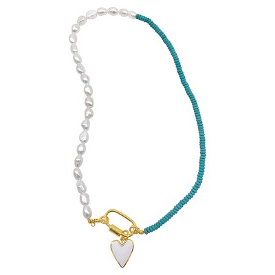 Adornia 14k Gold Plated Turquoise and Freshwater Pearl Lock and Heart Pendant Necklace