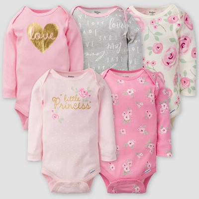 Image of Gerber Baby Girls' 5pk Floral Long Sleeve Onesies - Pink/Off-White/Gray 0-3M