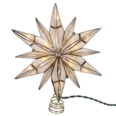 Kurt Adler 10-Light LED Brass Plated Capiz Star Tree Topper, 12-Point with Gem Center, 10.25"