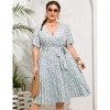 Plus Size Women's Pleated Midi Dress with Belt Flowy Casual Elegant Knee Length Dress for Work Summer - 2 of 4
