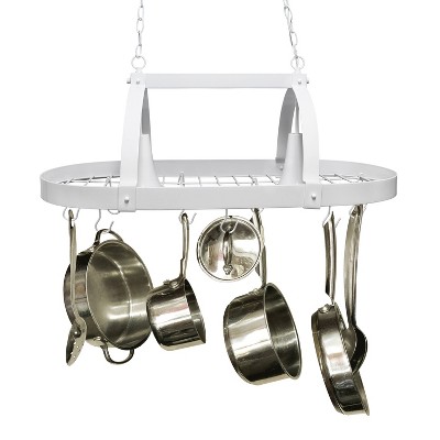 White Metal Elliptical Kitchen Pot Rack with Lights