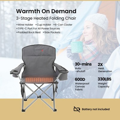 Gray Heated Folding Camping Chair with Cooler and Cup Holders