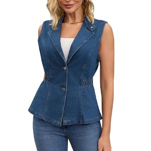 INSPIRE CHIC Women's Denim Button Down V Neck Elastic Waist Waistcoat Sleeveless Jean Jacket - 1 of 4