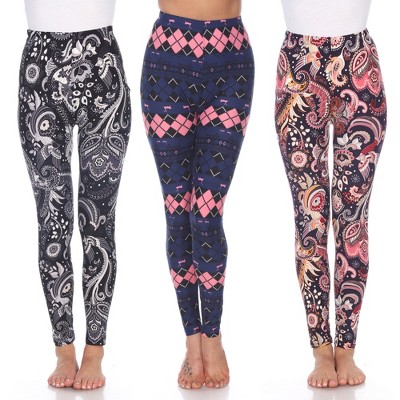 Women's Pack Of 3 Leggings Purple/fuchsia Paisley, Black/white Paisley ...