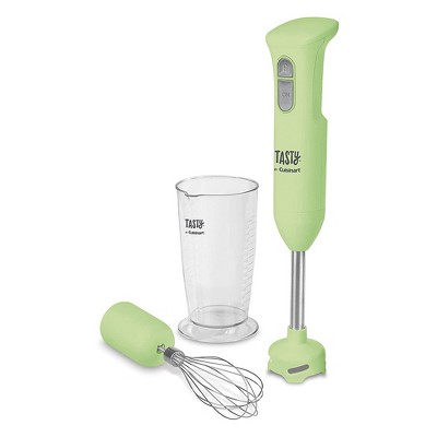 Tasty by Cuisinart Stainless Steel Electric Kitchen Handheld Food Blender Stick with Beater, Measuring Cup, and Safety Button Feature, Green