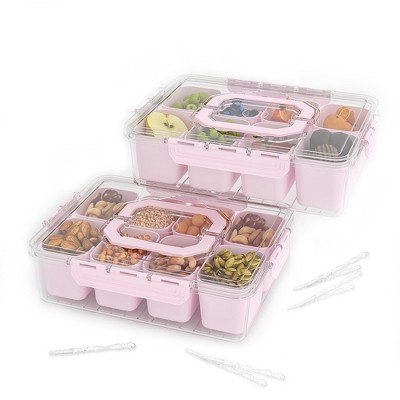 YIGII-split tray with lid and handle, 8 compartments, snack box container, cooked food organizer, candy, nut, fruit, snack box, 2 packs,Pink
