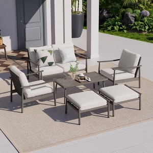 HAPPATIO Patio Outdoor Furniture Set - 6 Pieces Aluminum Outdoor Conversation Set with Loveseat,Armchairs,Coffee Table and Ottomans for Yard,Porch - 1 of 4