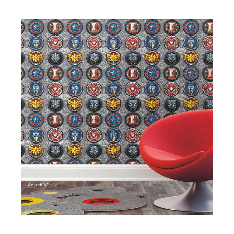 Avengers Emblems Peel and Stick Kids&#39; Wallpaper Red/Yellow/Gray - RoomMates, 3 of 9