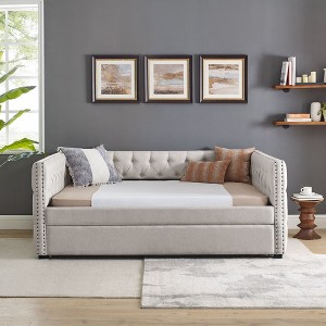 NicBex Full Size Daybed with Twin Size Trundle,Upholstered Sofa Bed with Copper Nail for Bedroom,Living Room,Apartment - 1 of 4