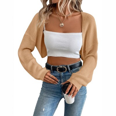 Womens Cropped Sweater Cardigan Sweater Knit Bolero Open Front Cropped Cardigan with Lantern Sleeve