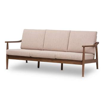 Venza Mid-Modern Walnut Wood Fabric Upholstered 3 Seater Sofa Light Brown - Baxton Studio