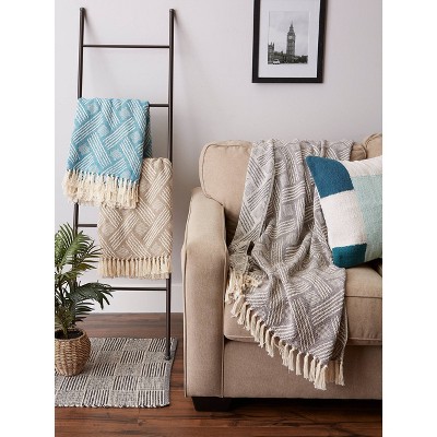 Stone Basketweave Cotton Throw Blanket with Fringe, 50x60