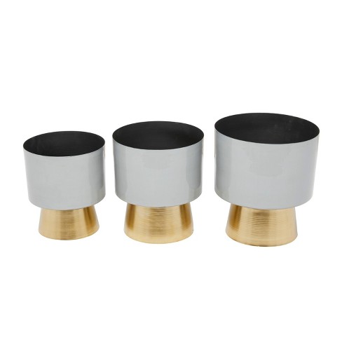 Flower Vase Brass Tone Brushed Metal Tapered Cylindrical Planter, Set of 2