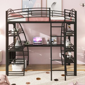 Whisen Stylish Design Full Size Metal Frame Loft Bed with Shelves and L-shaped Desk - 1 of 4