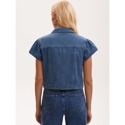 Женские куртки INSPIRE CHIC Women's Denim Cap Sleeve Button Down Turndown Collar Classic Cropped Jean Jackets Medium Blue — фото 4