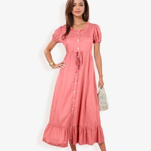 Anna-Kaci Women's Short Sleeve Button Down Midi Dress with Ruffle Trim and Drawstring Waist- Small, Rustic Red - 1 of 4