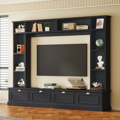 TIRAMISUBEST Large Wall Unit Entertainment Center with Bookshelves, Modern TV Console with Cabinets & Open Shelves, 4-in-1 TV Stand w/ Golden Handles